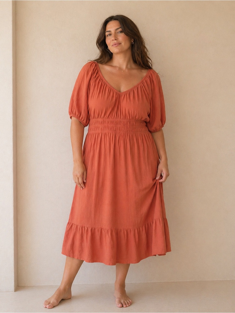 100% Cotton - Rust-Orange - Puff Sleeve - Midi Dress - Casual Summer Dresses